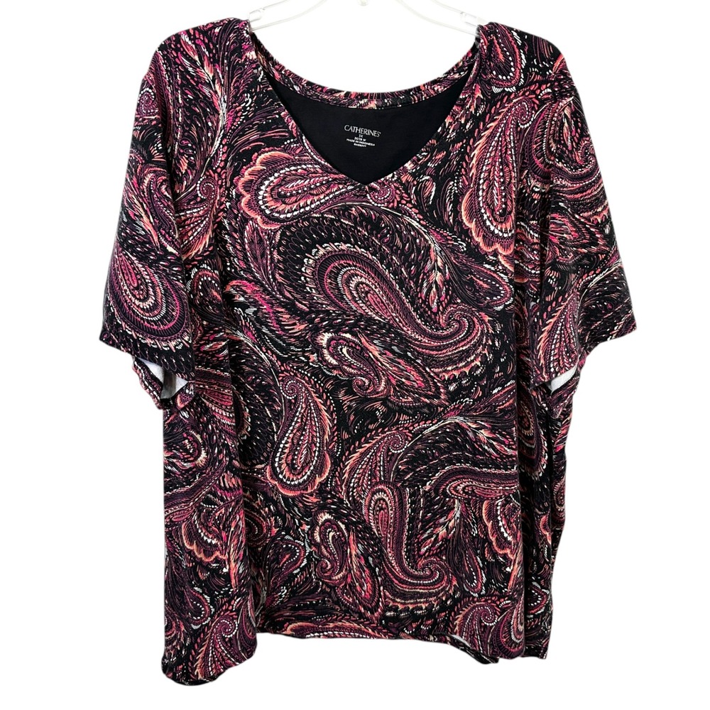 Catherines Plus Size 3X Top 26/28W Pink Black Paisley V-Neck Short Sleeve 1252